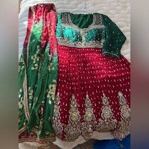 Red and Green Embellished Traditional anarkali dress